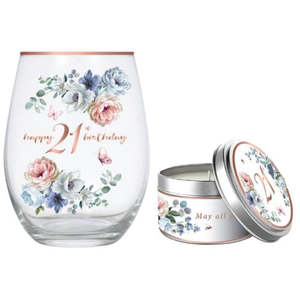 Birthdays: Dancing Roses Stemless Wine Glass 520ml & Vanilla Candle Gift Set - 21st