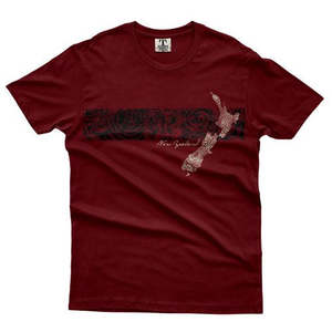 Adults Map Kowhaiwhai Tee Shirt - Burgundy Marle