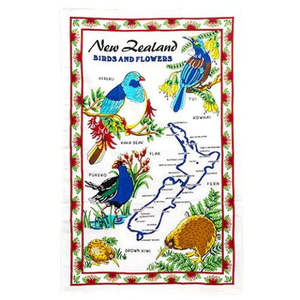NZ Birds & Flowers Tea Towel - Red