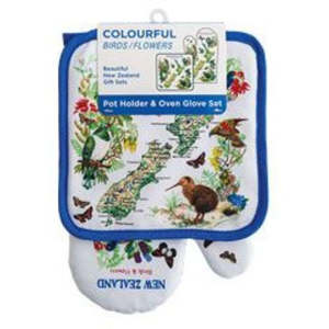 Manchester: NZ Map, Birds & Flowers Pot Holder & Oven Glove Set - Blue