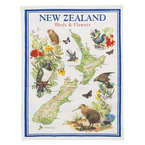 Manchester: NZ Map, Birds & Flowers Tea Towel - Blue