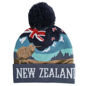 Hats Beanies: NZ Kiwi Flag Knit Beanie with PomPom