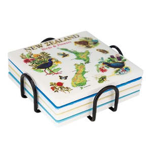 New Zealand Coasters Placemats: New Zealand Birds, Flowers & Map Ceramic Coaster Set 4pk