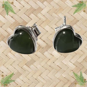 Greenstone Earrings: NZ Greenstone & Silver Heart Stud Earrings - 6mm