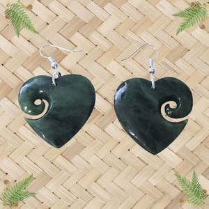 Greenstone Earrings: NZ Greenstone Heart Koru Earrings - 30mm