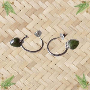 NZ Greenstone & Silver Heart Drop Stud Earrings - 6mm