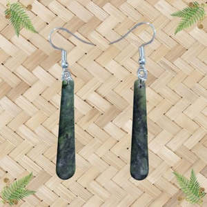 NZ Greenstone Carved Drop Earrings - 70mm