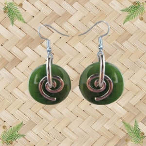 Greenstone Earrings: NZ Greenstone Round with Silver Koru Earrings