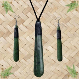 Greenstone Earrings: NZ Greenstone Drop Pendant & Earrings Set with Binding