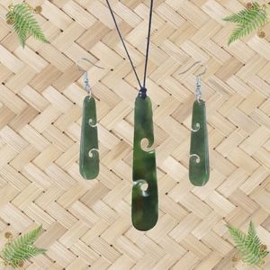 New Zealand Jewellery: NZ Greenstone Koru Drop Pendant & Earrings Set