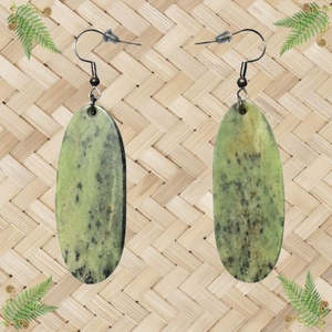 New Zealand Jewellery: NZ Greenstone Drop Oval Earrings - Kokopu/Tangiwai Mix - 45mm