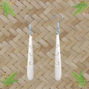 Triple Koru Engraved Bone Drop Earrings - 80mm