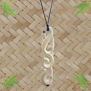 Bone Manaia Engraved with Tail & Paua Pendant - 150mm