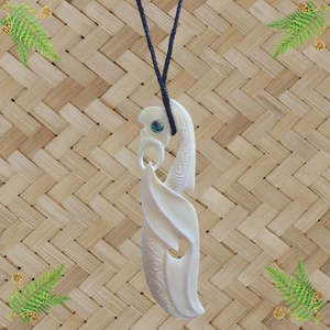 Bone Carved Manaia with Tail & Paua Pendant - 156mm