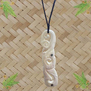 Bone Engraved Manaia with Paua Eyes Large Pendant - 156mm