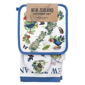Manchester: NZ Map, Birds & Flowers 3pc Set - Blue