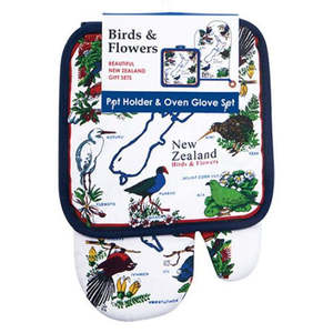 Manchester: NZ Birds & Flowers Pot Holder & Oven Glove Set - Blue