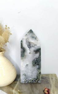Moss agate tower with sparkly druzy CrystaLandnz
