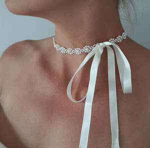 Hair Pieces: Margie - flower shaped crystal based pearls and ribbon choker necklace, headband or bracelet