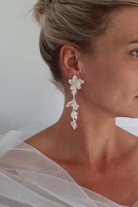 Bridesmaids: Grace - lace and tiny seed beads long cascading flower shaped stud earrings