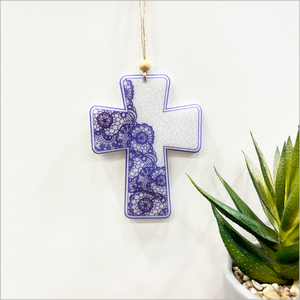 Products: Hanging Ornament Printed : Cross 1 (Lace) (onc1)Satin Acrylic Ornaments