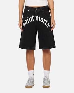 Saint Morta Bottoms Denim Shorts: Saint Morta Amplus Gothic Denim Jort Shorts Black Shadow