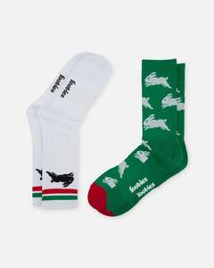 Mens Sale Accessories: Foot-ies South Sydney Rabbitohs Crew Socks 2 Pack Green/White