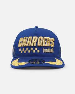 Mens Sale Headwear: New Era Los Angeles Chargers 'Podium Collection' Pre-Curved Golfer Trucker Snapback Light Royal/Metallic Gold
