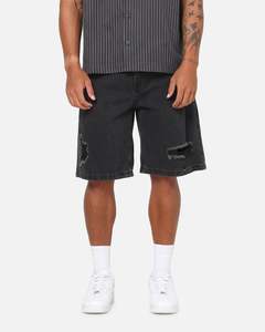 Mens Bottoms Denim Shorts: Saint Morta Amplus Distressed Jorts Black Shadow
