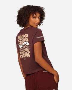 Womens Sale Tops: Mitchell & Ness Women's Chicago Bulls Wavey Text Shrunken Baby T-Shirt Fudge