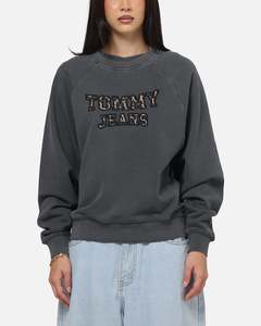 All Sale Tops: Tommy Jeans Women's TJW Boxy Leopard Varsity Crewneck Black