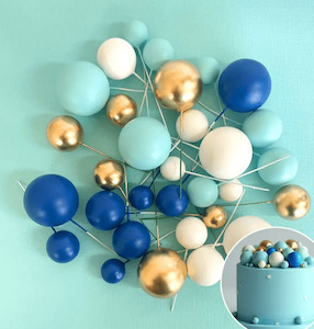 Cake Toppers: Foam Ball Topper Set | 32 Pieces | Royal Blue, Baby Blue, White & Gold
