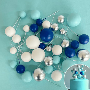 Foam Ball Topper Set | 32 Pieces | Royal Blue, Baby Blue, White & Silver