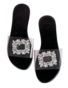 Curvy Soles: Widefit Curvy Soles Chie - Clear with Rhinestone Strap Flats