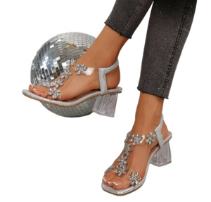 Curvy Soles: Curvy Soles Marjorie - Rhinestone Strap Clear Heels