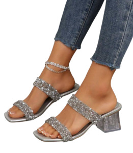Curvy Soles Asli - Widefit Rhinestone Strap Clear Heels