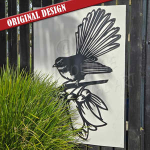 Birds: fantail on kowhai - aluminium
