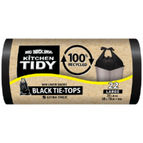 Cleaning Chemicals: Big Black Sacks Kitchen Tidy Black Tie-Tops 100% Recycled Bin Liner Sacks Large 58 x 70cm 22pk