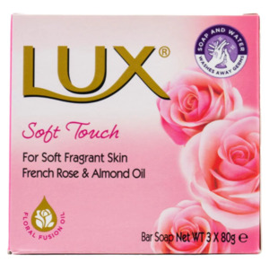 Toiletries: Lux pk3 x 80g bar soap soft touch french rose & almond oil