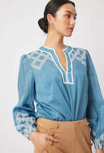 Once Was: Once Was - Mahra Silk /Cotton Blouse - Aegean Blue