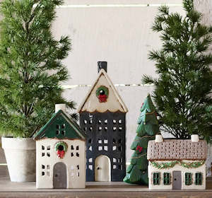 Homewares: French Country Collections Christmas Tea Light House Blue with Wreath Large