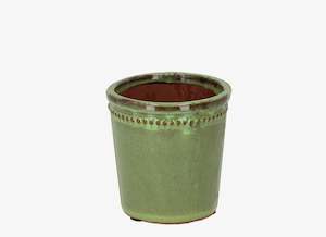 Homewares: Glazed green flower pot with saucer 12cm