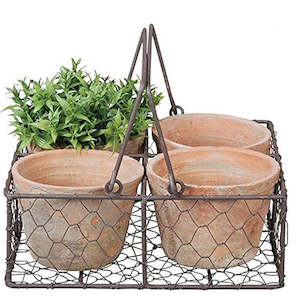 Gardening: Aged terracotta pots in wire basket - Set of 4