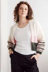 Flock Hand Knits: Flock Kate Cardi Creme 3 Tone Stripes Pink Moss