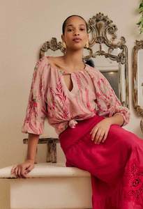 Sale Tops: Once Was Sakina Cotton Silk Lace Trim Blouse Palmarosa