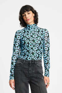 Pom: Pom Amsterdam Turtleneck Wildflowers Blue Mesh Top