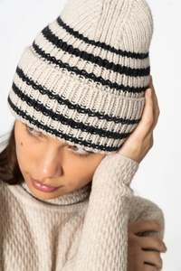 Dinadi: Dinadi Merino Handknit Striped Hat Almond White