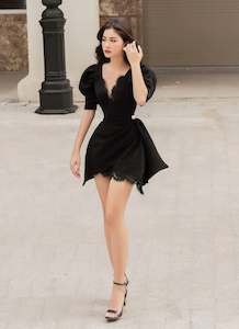 Party Wear: Timeless Lace Puff Sleeve Dress - Classic Black & Elegant White