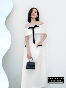 Off-Shoulder Flared Dress with Chest Bow - White