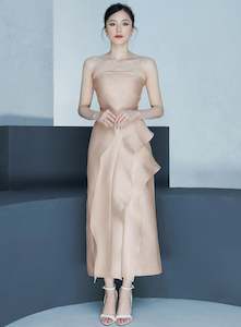 Simple and Elegant Ruffled Front Strapless Dress - Nude, White